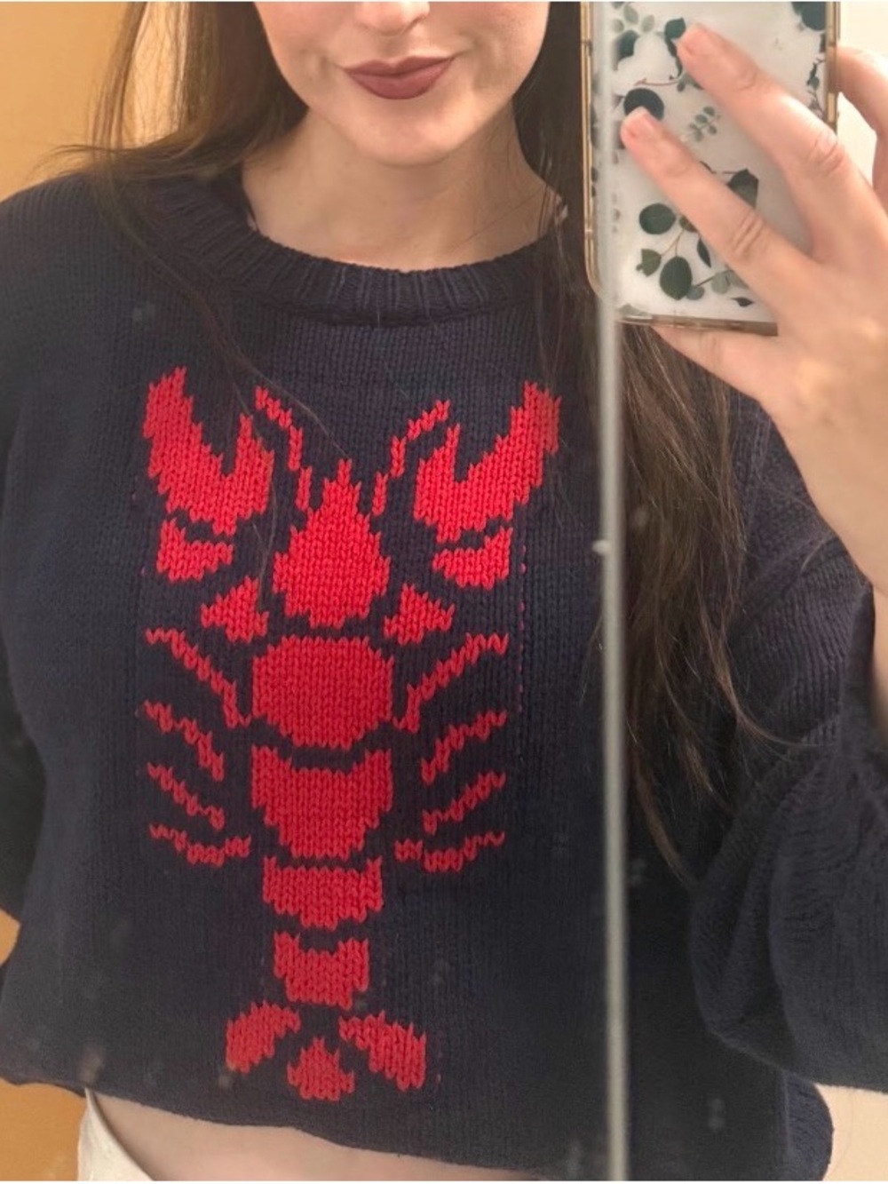 Miracle Navy Crewneck Sweater with Red Lobster Motif